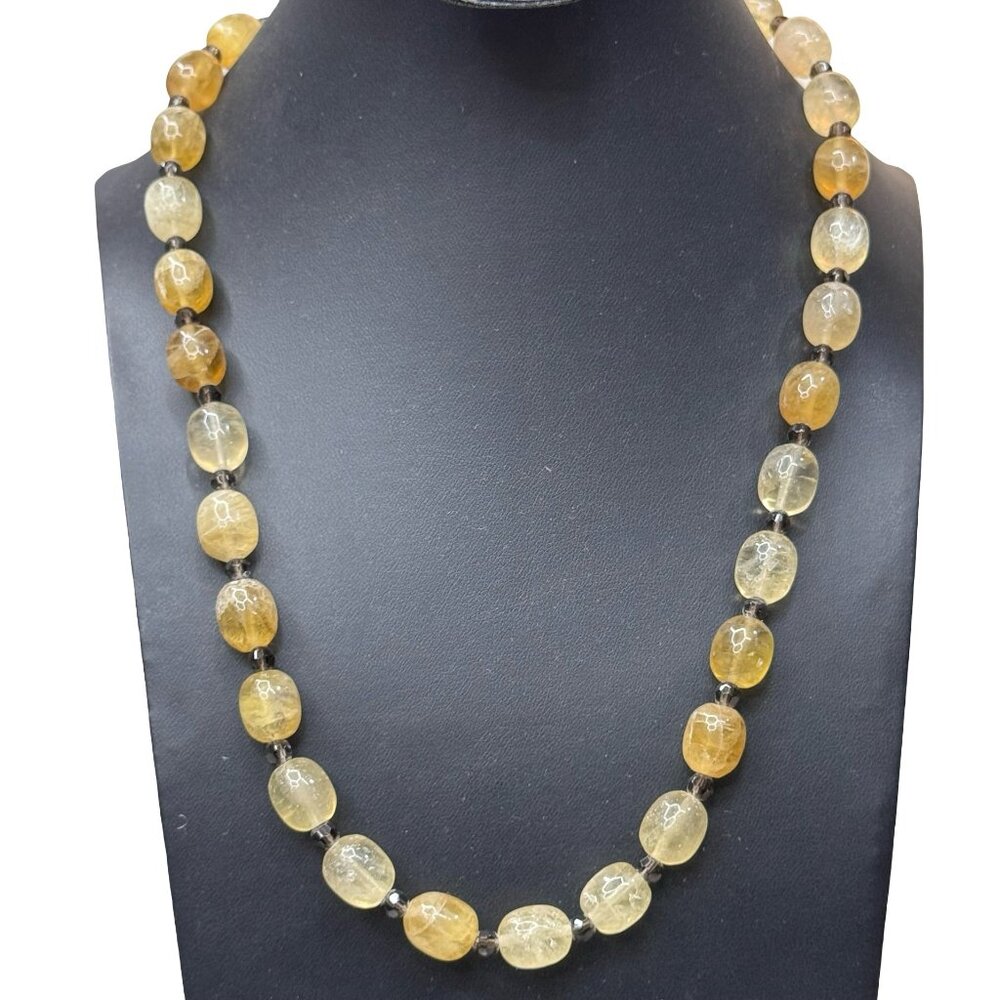 Vintage Crackle Yellow Citrine Smoky Quartz Beaded 925 Silver Clasp Necklace 20"